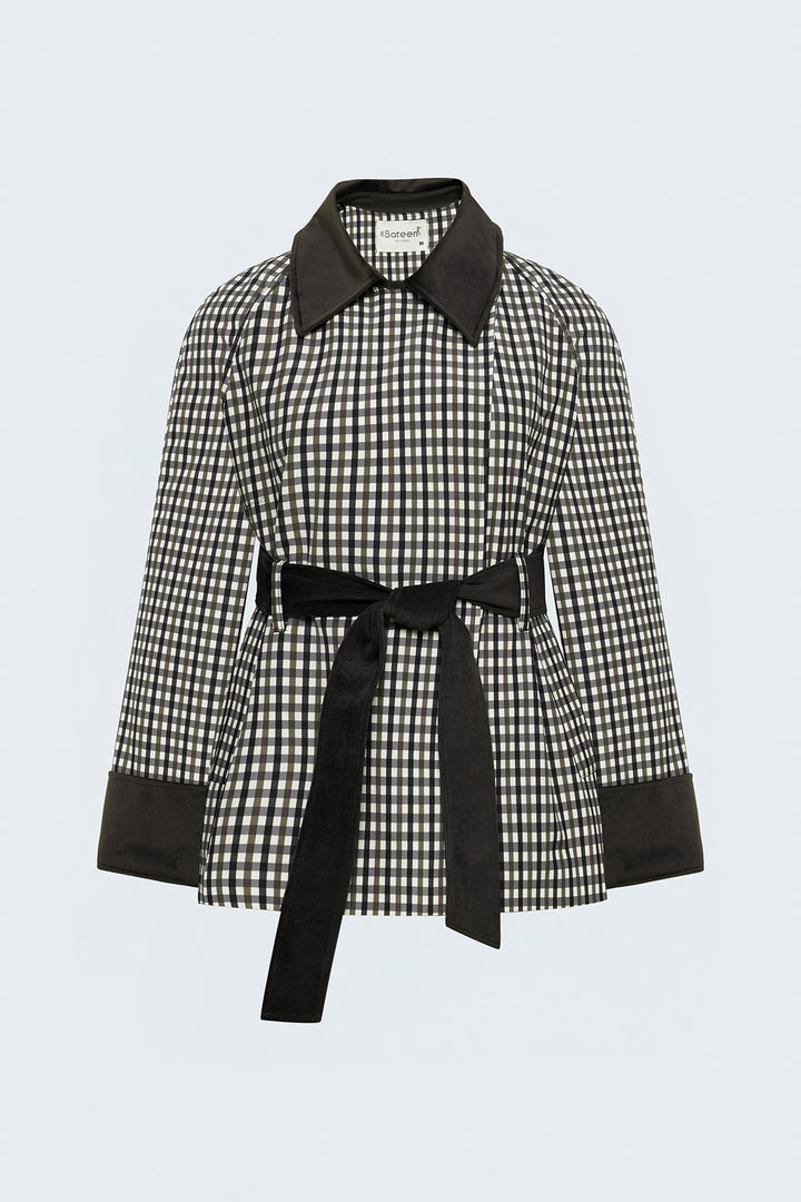 Sateen Veste à Carreaux avec Détails en Velours - Marron