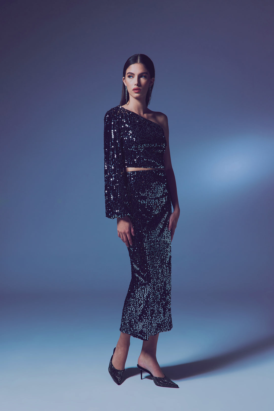 Sateen Jupe Midi en Velours Pailletée - Argent