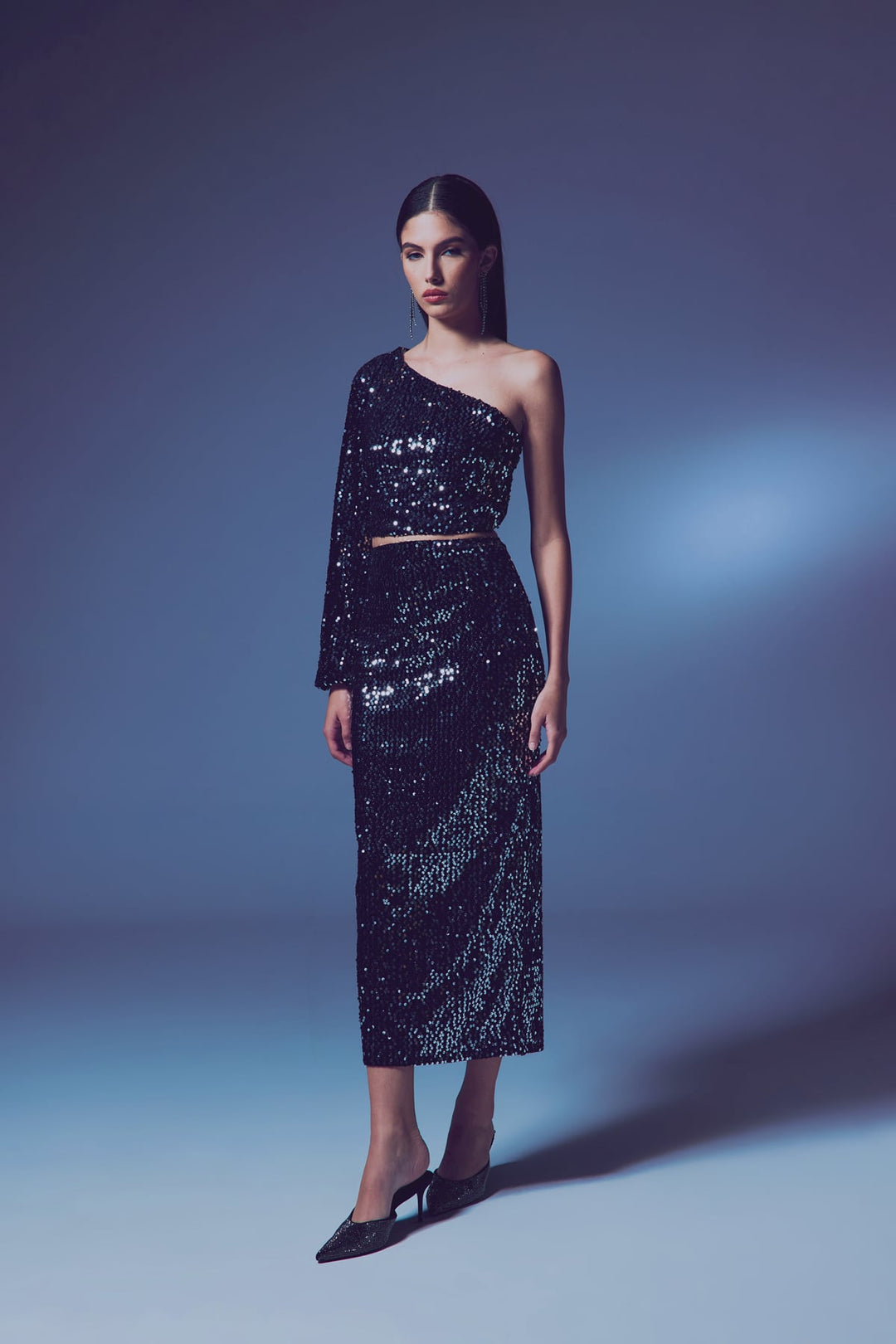 Sateen Jupe Midi en Velours Pailletée - Argent