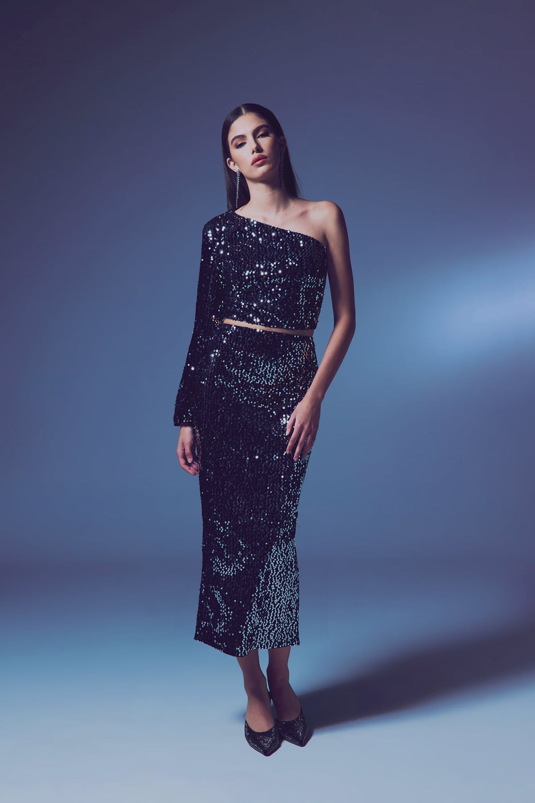 Sateen Jupe Midi en Velours Pailletée - Argent