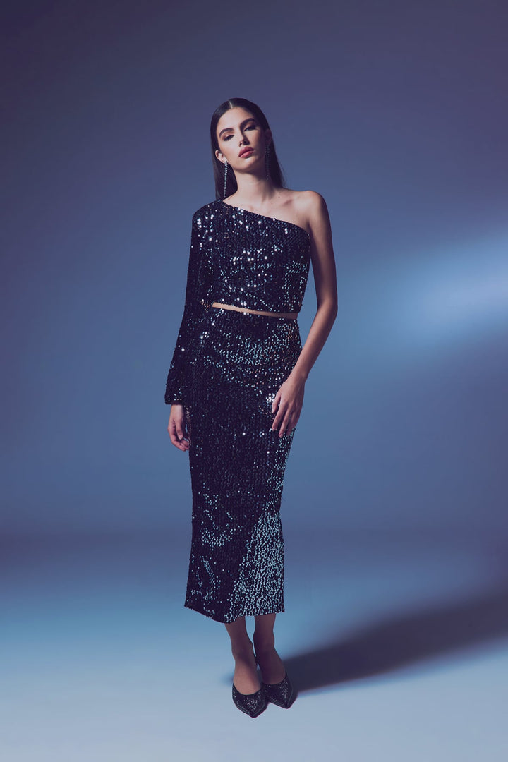 Sateen Jupe Midi en Velours Pailletée - Argent