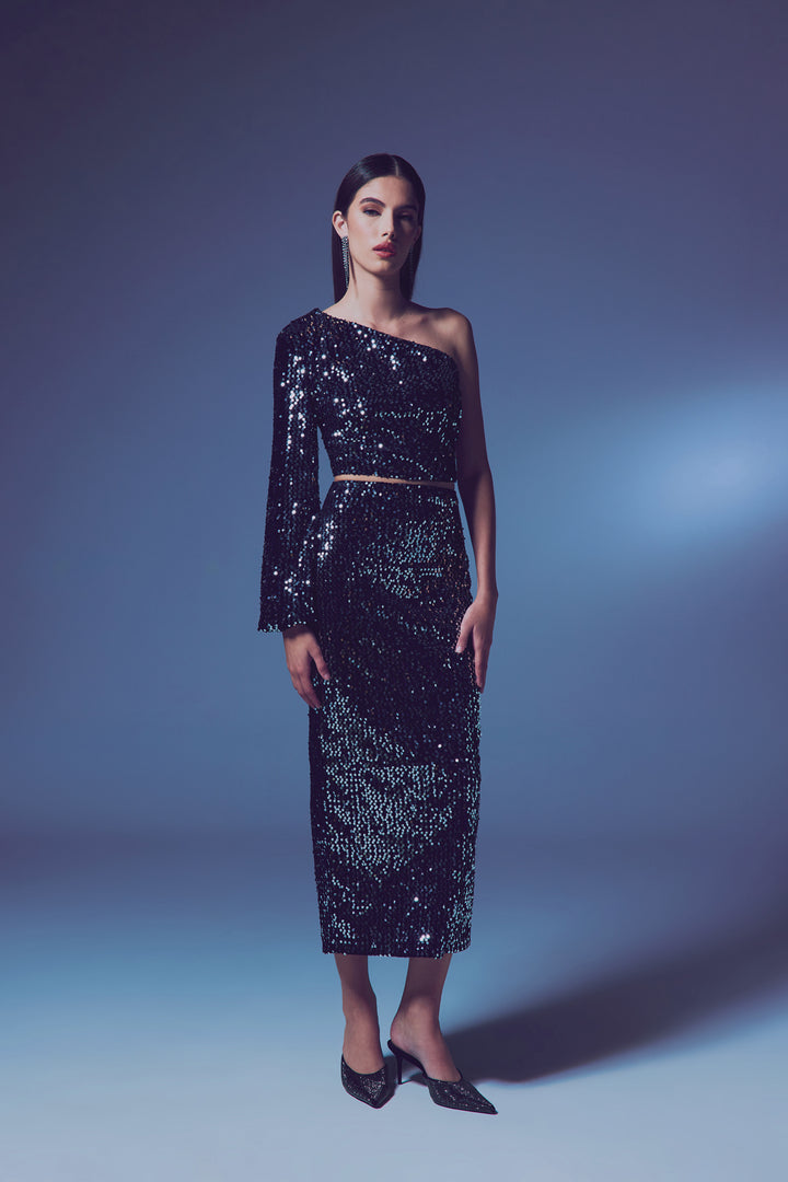 Sateen Jupe Midi en Velours Pailletée - Argent