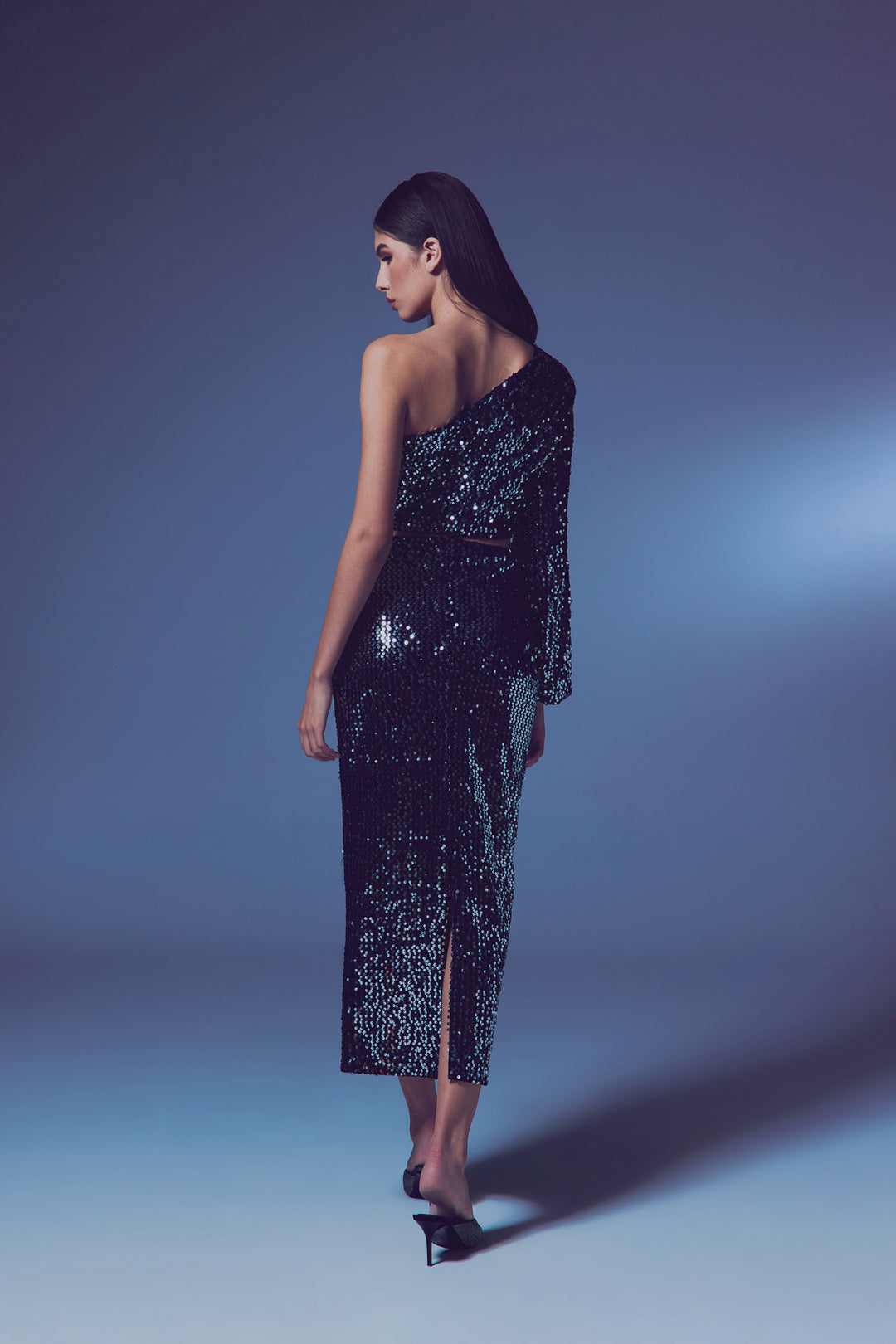 Sateen Jupe Midi en Velours Pailletée - Argent