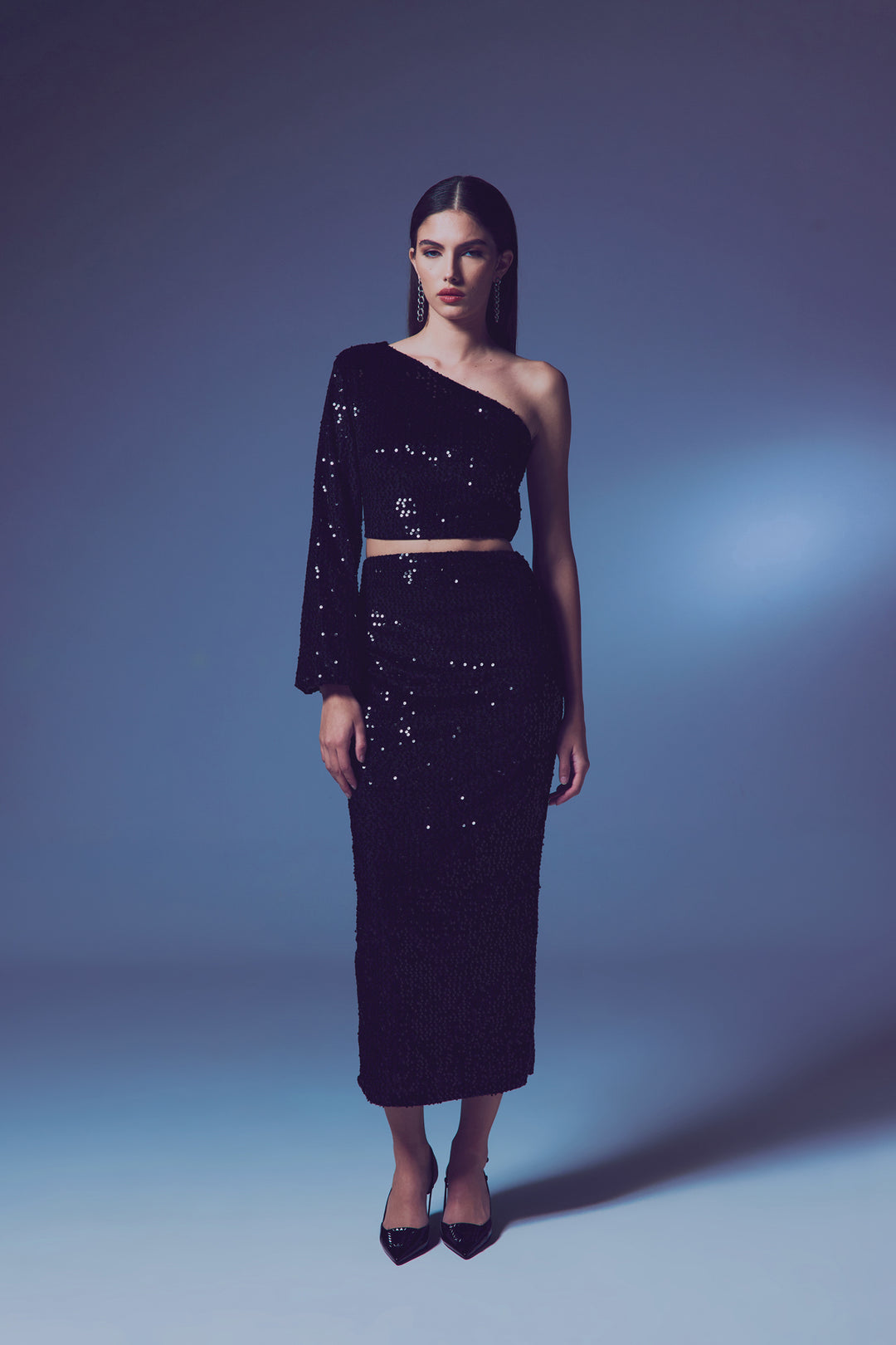 Sateen Jupe Midi en Velours Pailletée - Noir