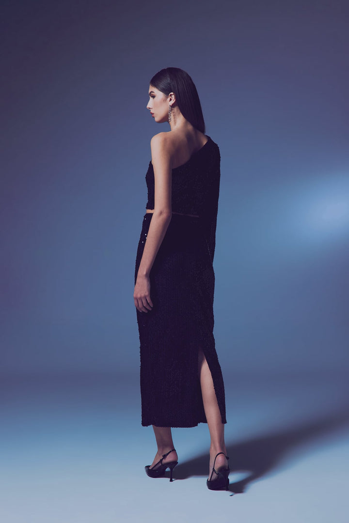 Sateen Jupe Midi en Velours Pailletée - Noir