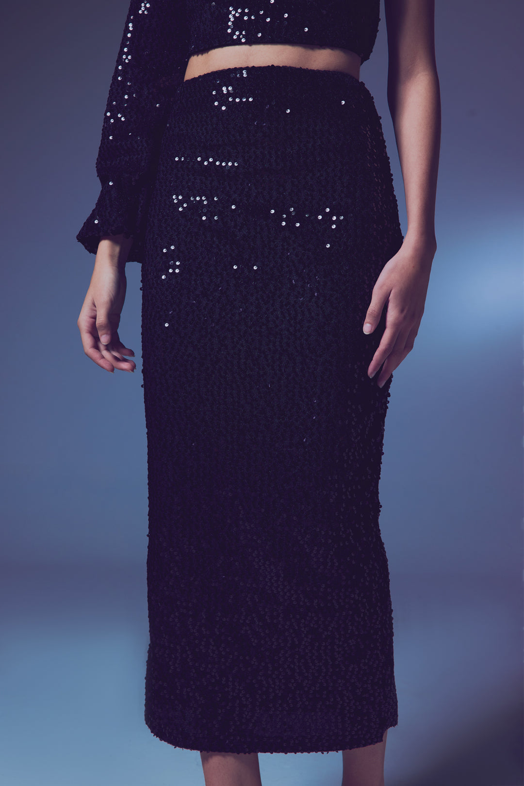 Sateen Jupe Midi en Velours Pailletée - Noir