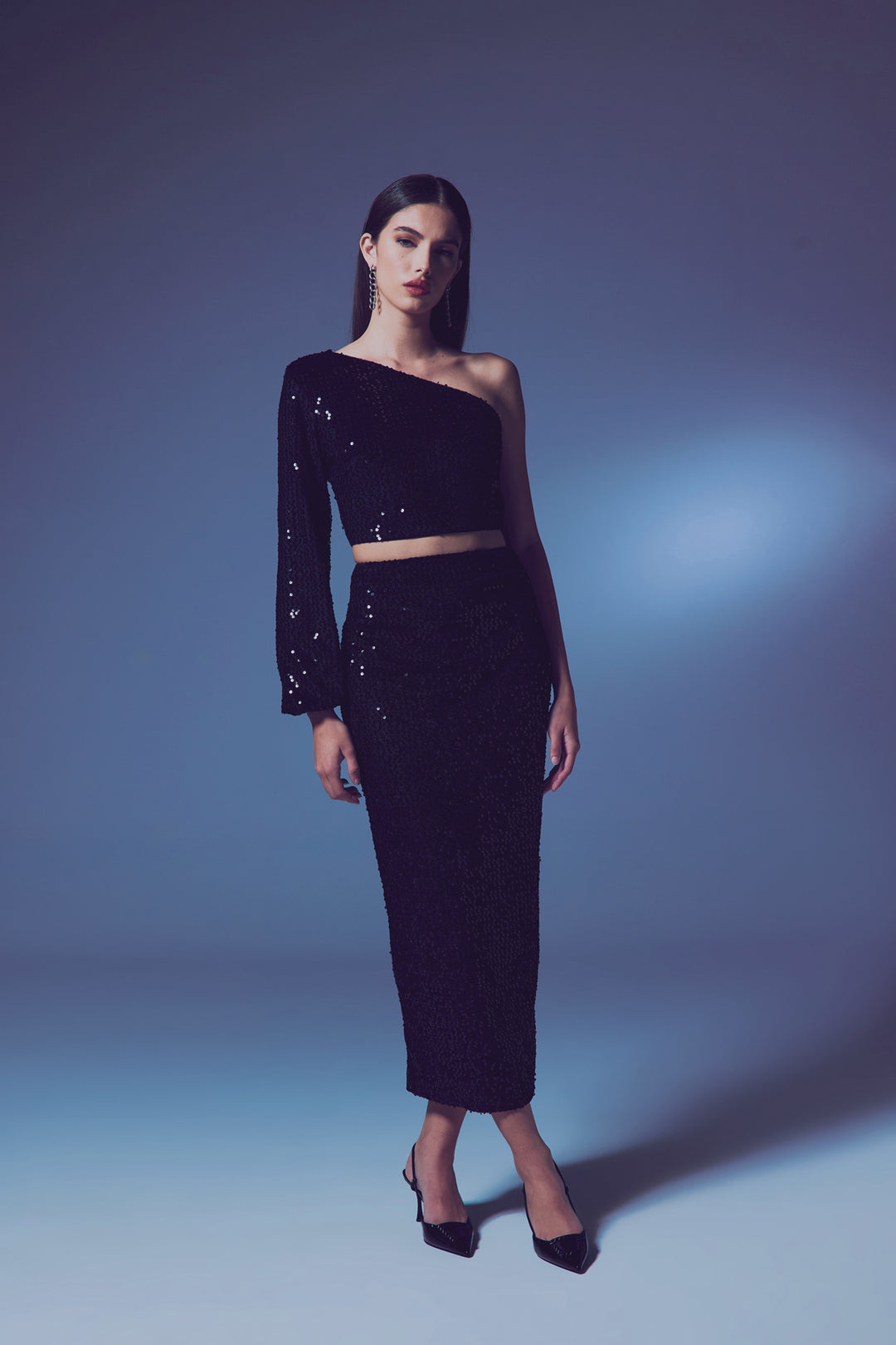 Sateen Jupe Midi en Velours Pailletée - Noir