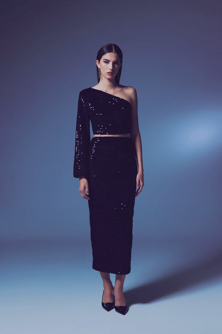 Sateen Jupe Midi en Velours Pailletée - Noir