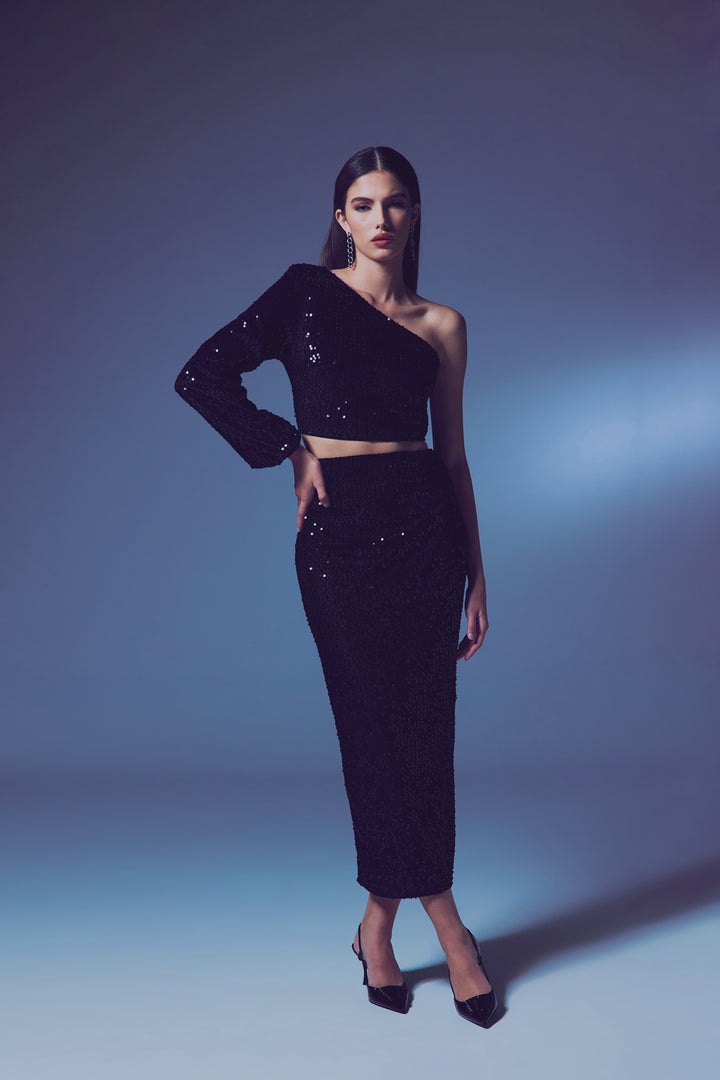 Sateen Jupe Midi en Velours Pailletée - Noir