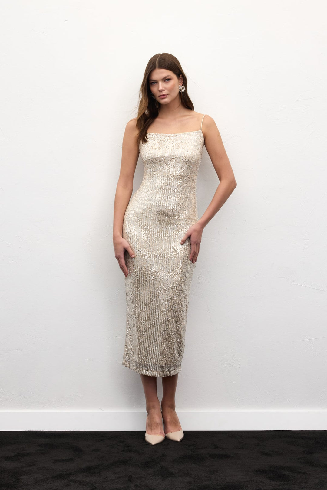 Sateen Robe Longue en Velours Pailletée - Argent