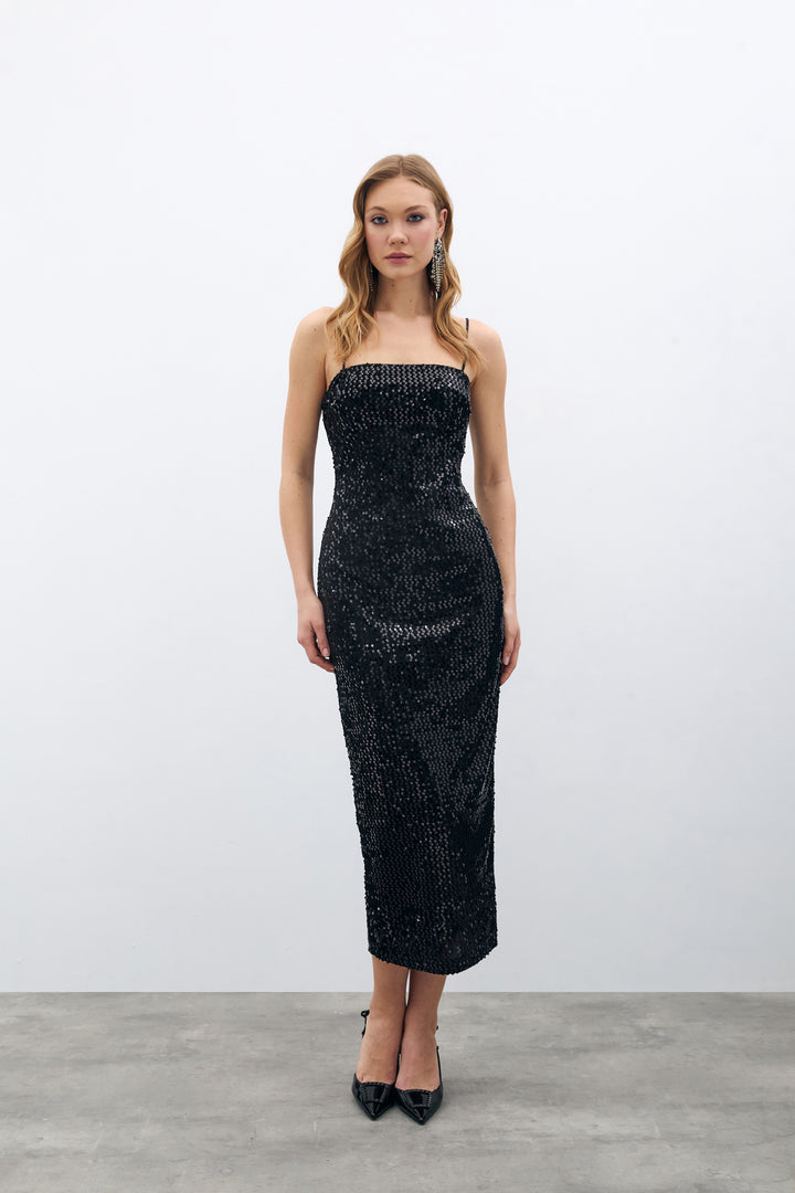 Sateen Robe longue en velours pailleté - Noir