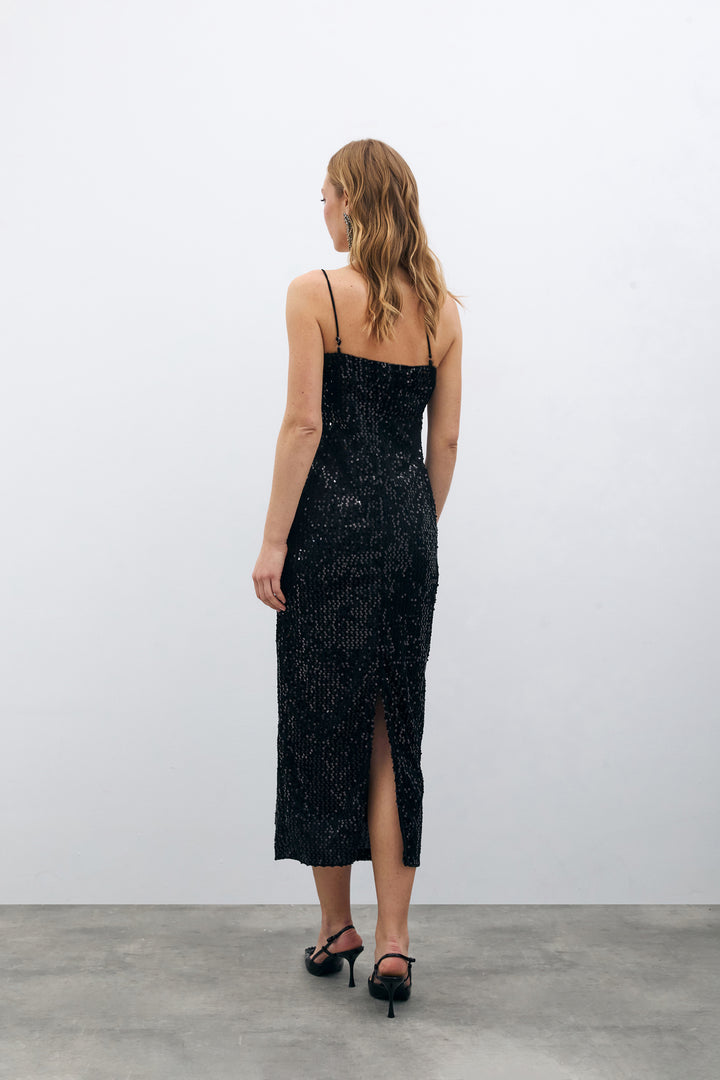 Sateen Robe longue en velours pailleté - Noir