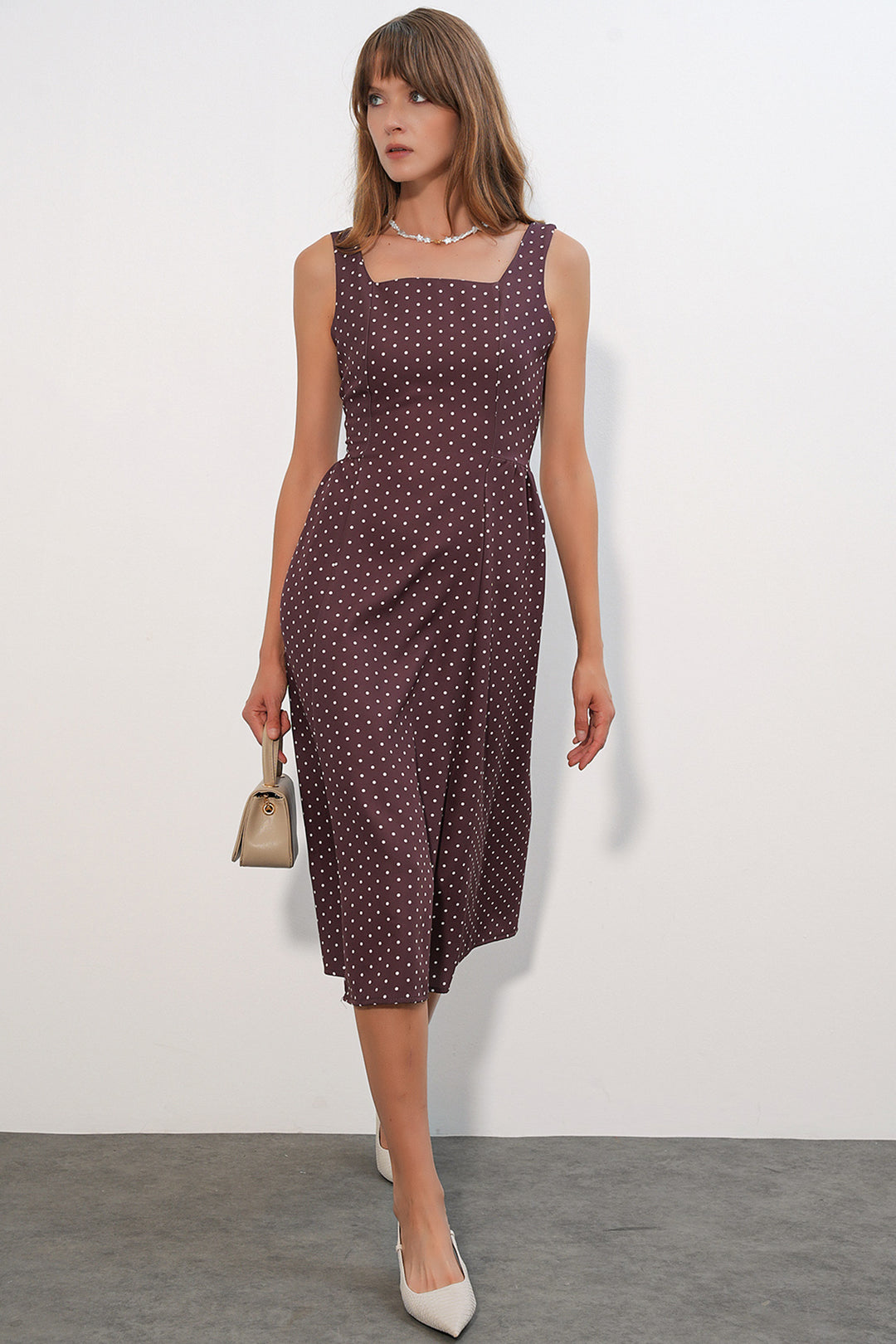 Bigdart Robe mi-longue femme à pois avec bretelles 2607 - Marron