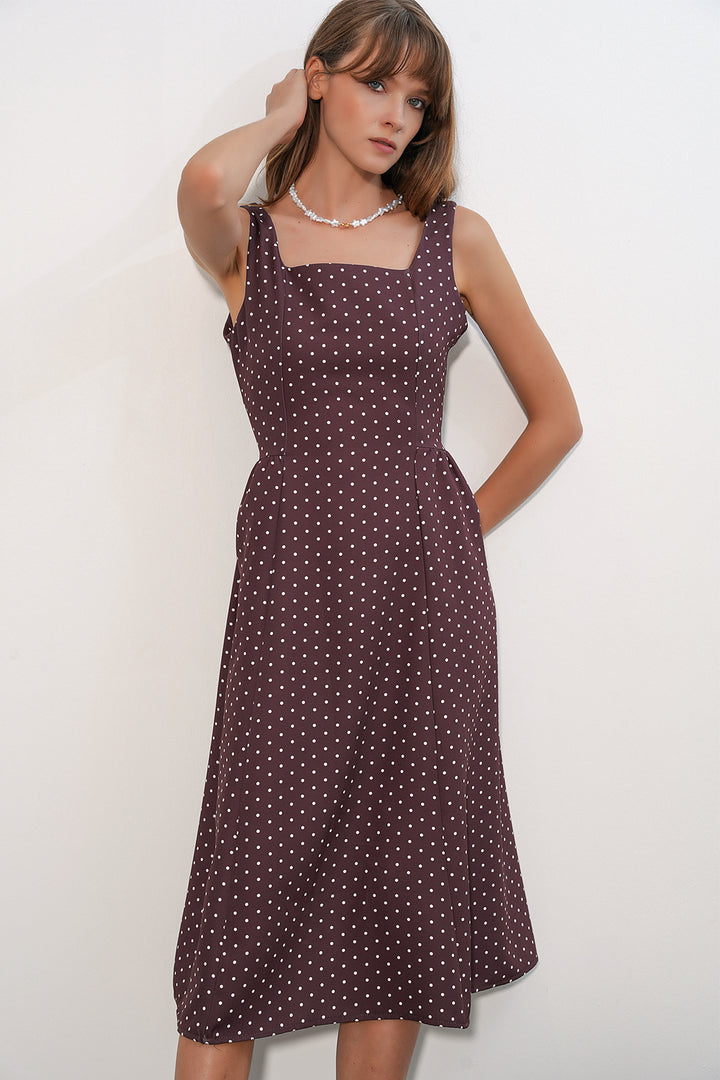 Bigdart Robe mi-longue femme à pois avec bretelles 2607 - Marron