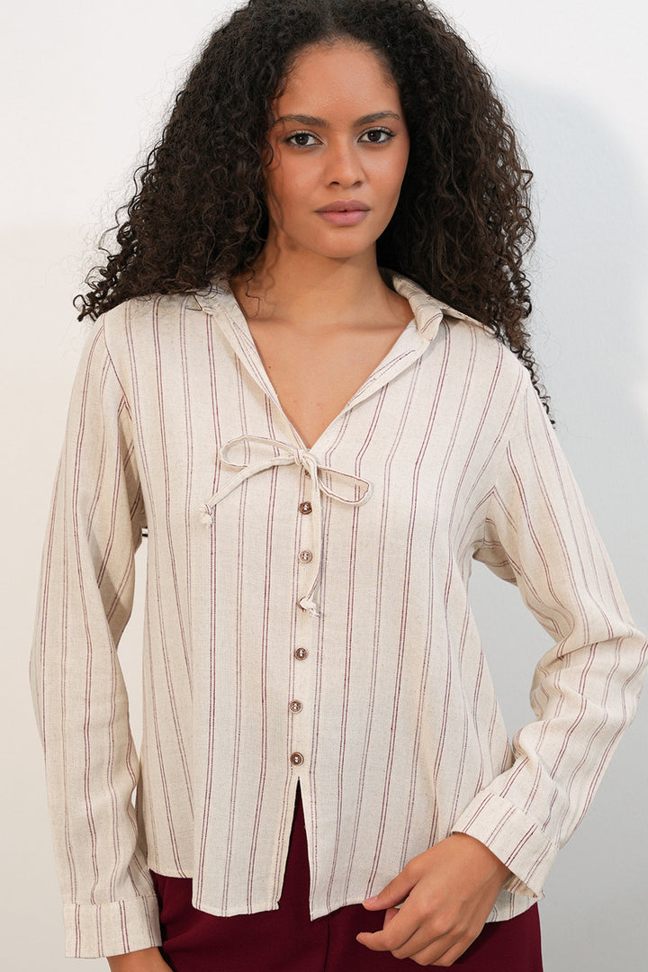 Bigdart Chemise en lin à rayures avec lacets pour femmes 995 - Bordeaux