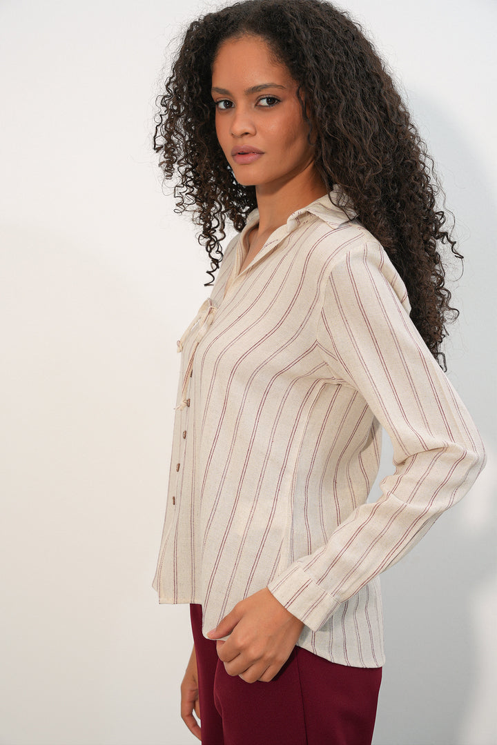 Bigdart Chemise en lin à rayures avec lacets pour femmes 995 - Bordeaux
