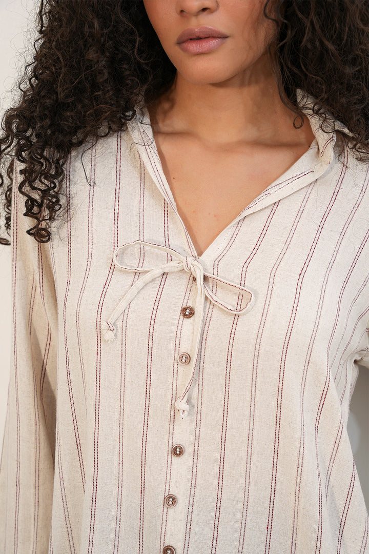 Bigdart Chemise en lin à rayures avec lacets pour femmes 995 - Bordeaux