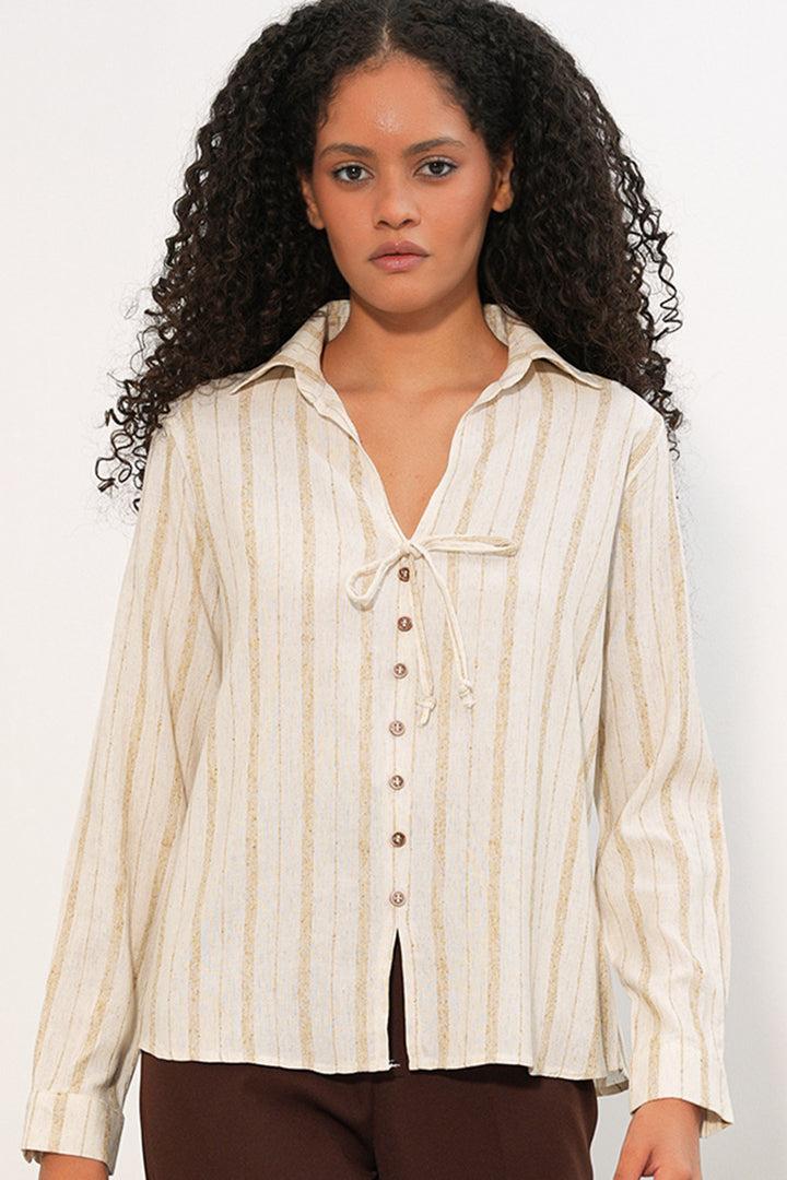 Bigdart Chemise en lin à rayures avec lacets pour femmes 995 - Écru