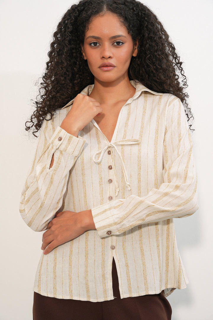 Bigdart Chemise en lin à rayures avec lacets pour femmes 995 - Écru
