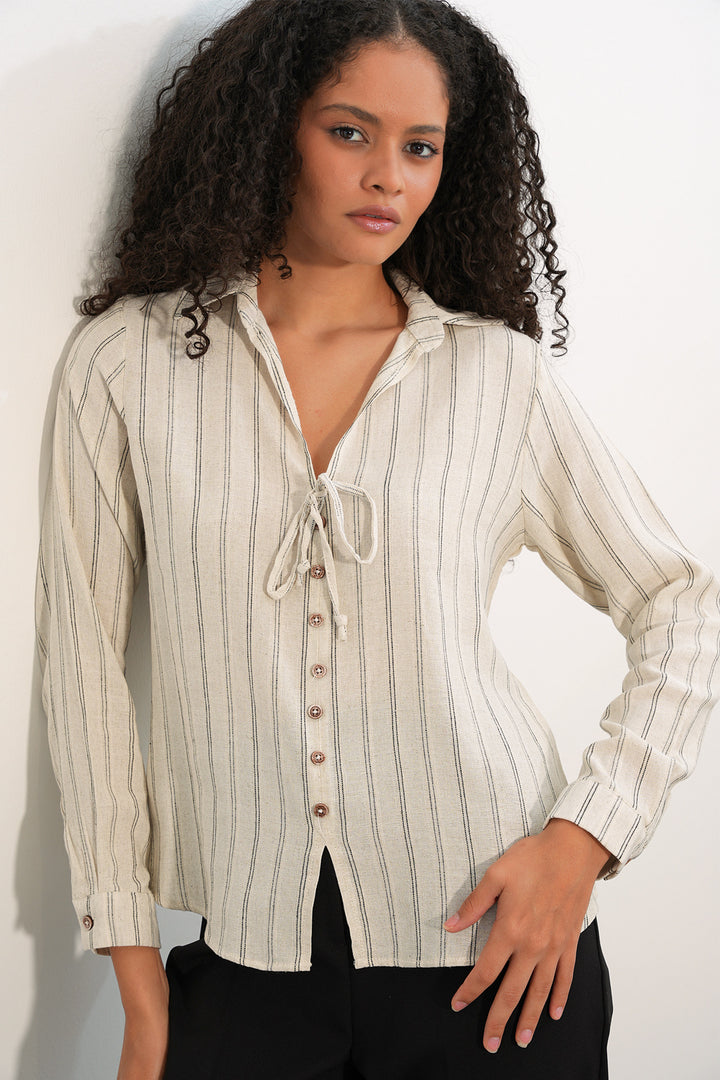 Bigdart Chemise en lin à rayures avec lacets pour femmes 995 - Crème