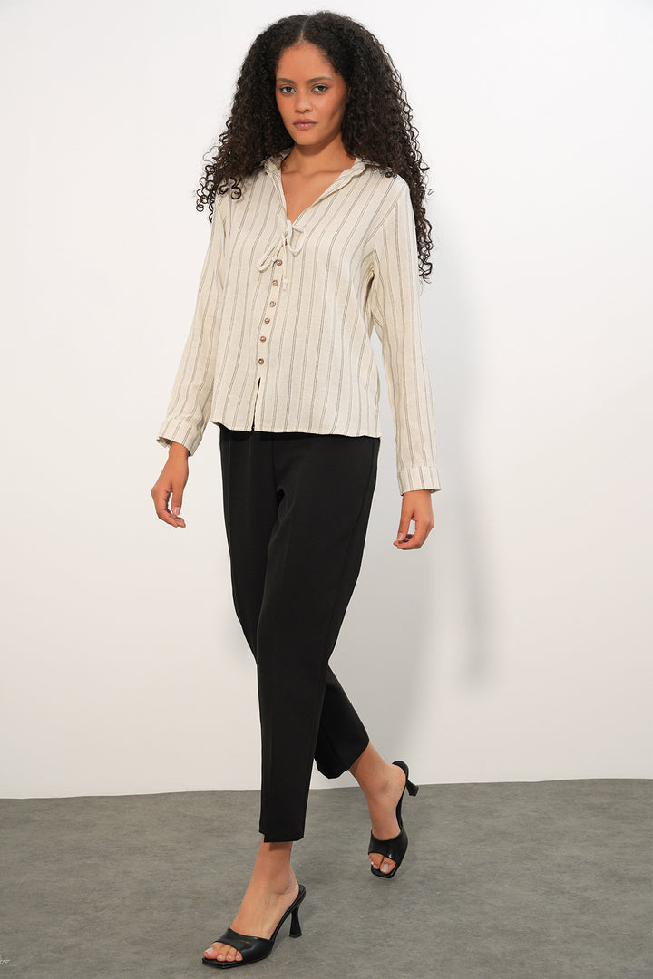 Bigdart Chemise en lin à rayures avec lacets pour femmes 995 - Crème