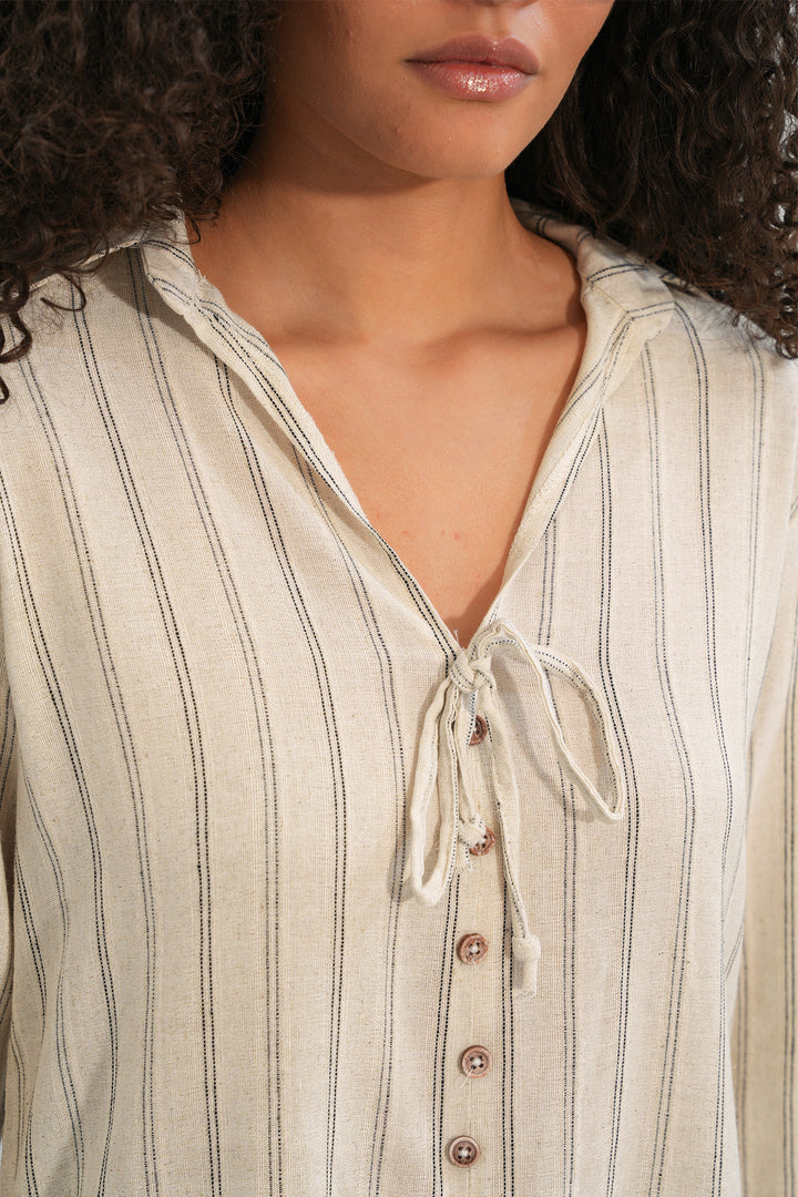 Bigdart Chemise en lin à rayures avec lacets pour femmes 995 - Crème