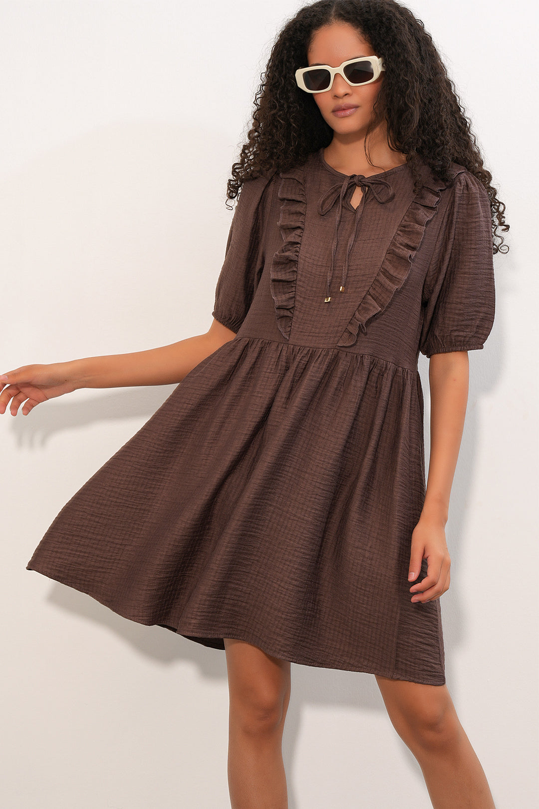 Bigdart Robe à Manches Courtes avec Détail à Nouer 2600 - Marron