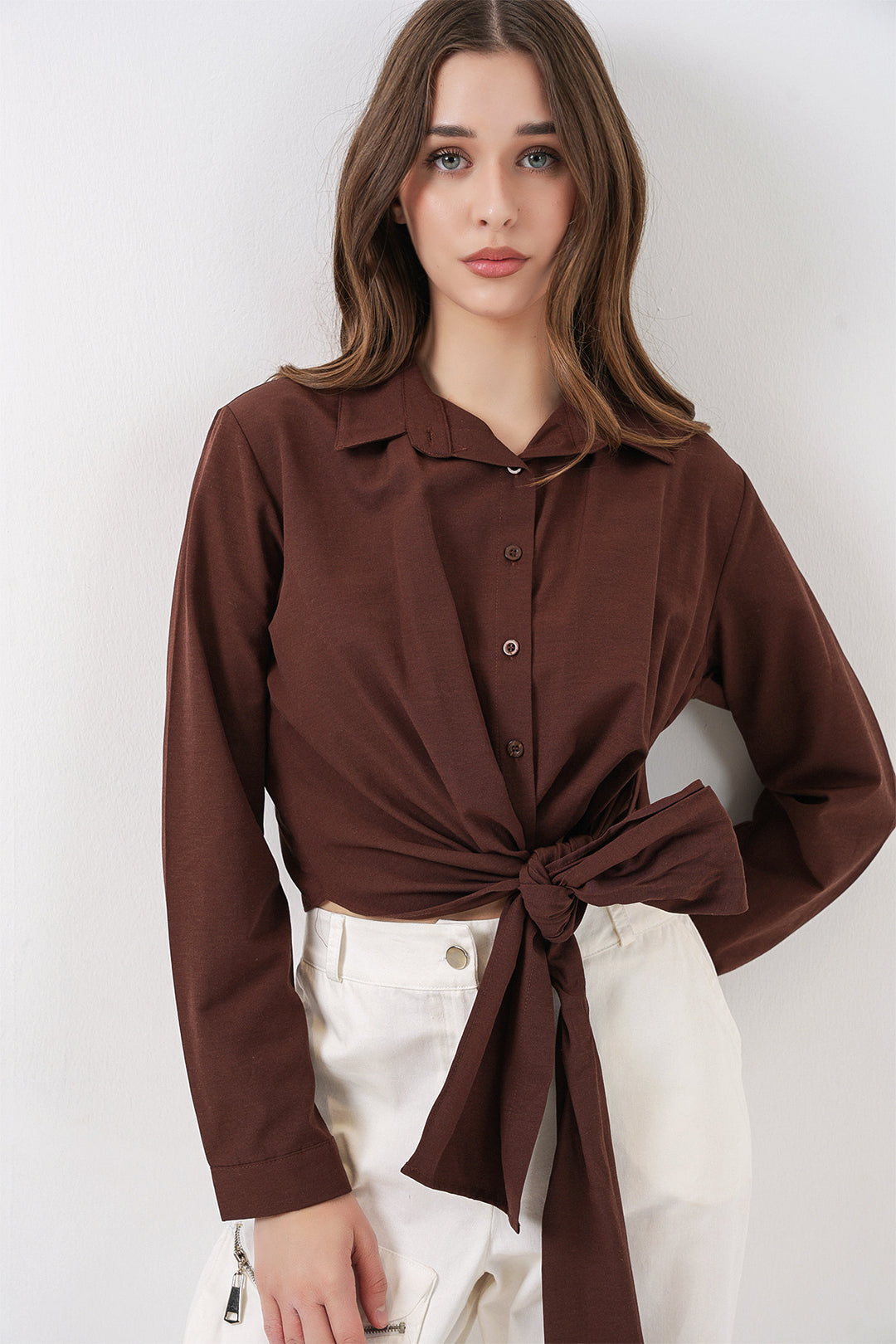 Bigdart Chemise à manches longues nouée pour femme 20325 - Marron