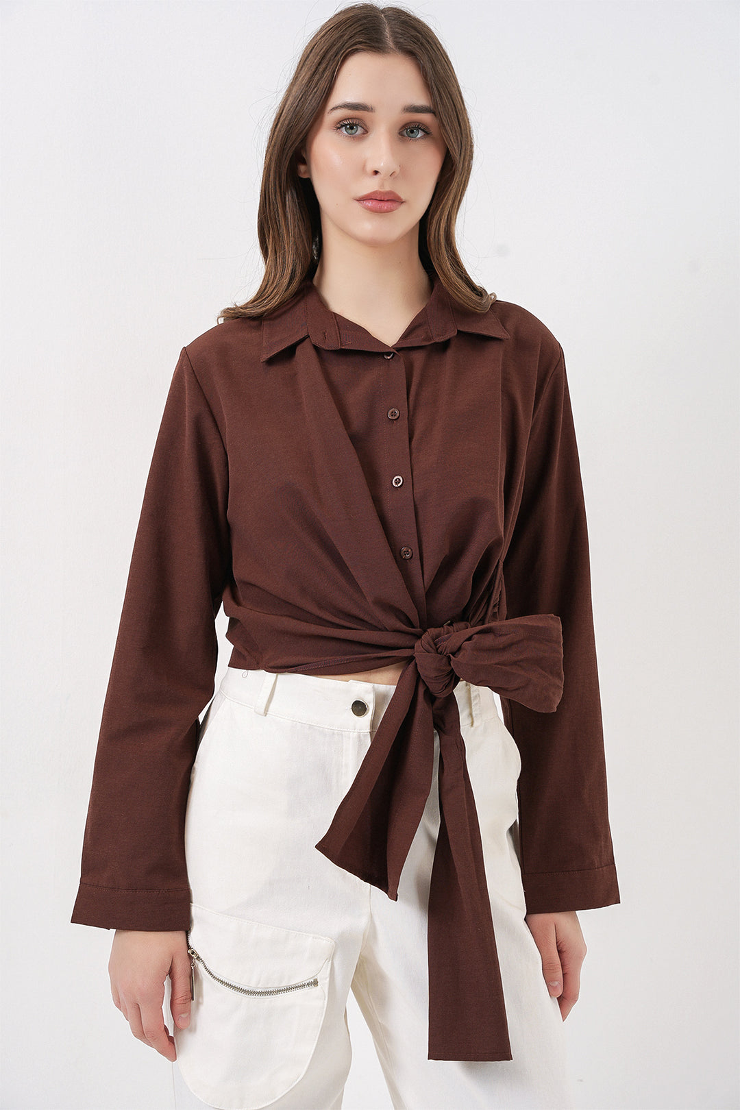 Bigdart Chemise à manches longues nouée pour femme 20325 - Marron