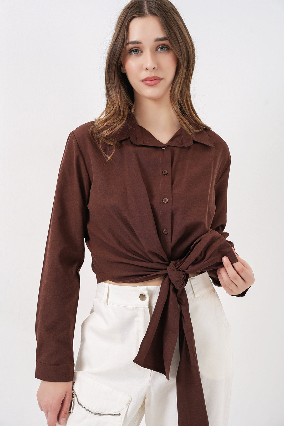 Bigdart Chemise à manches longues nouée pour femme 20325 - Marron