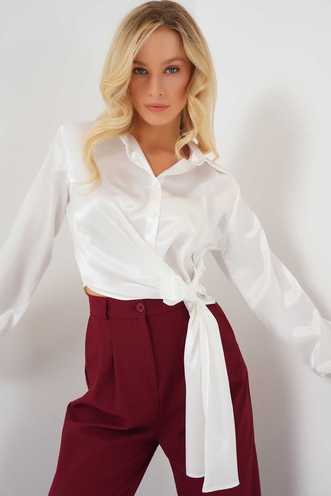 Bigdart Chemise en satin à manches longues à nouer pour femme 20287 - Blanc