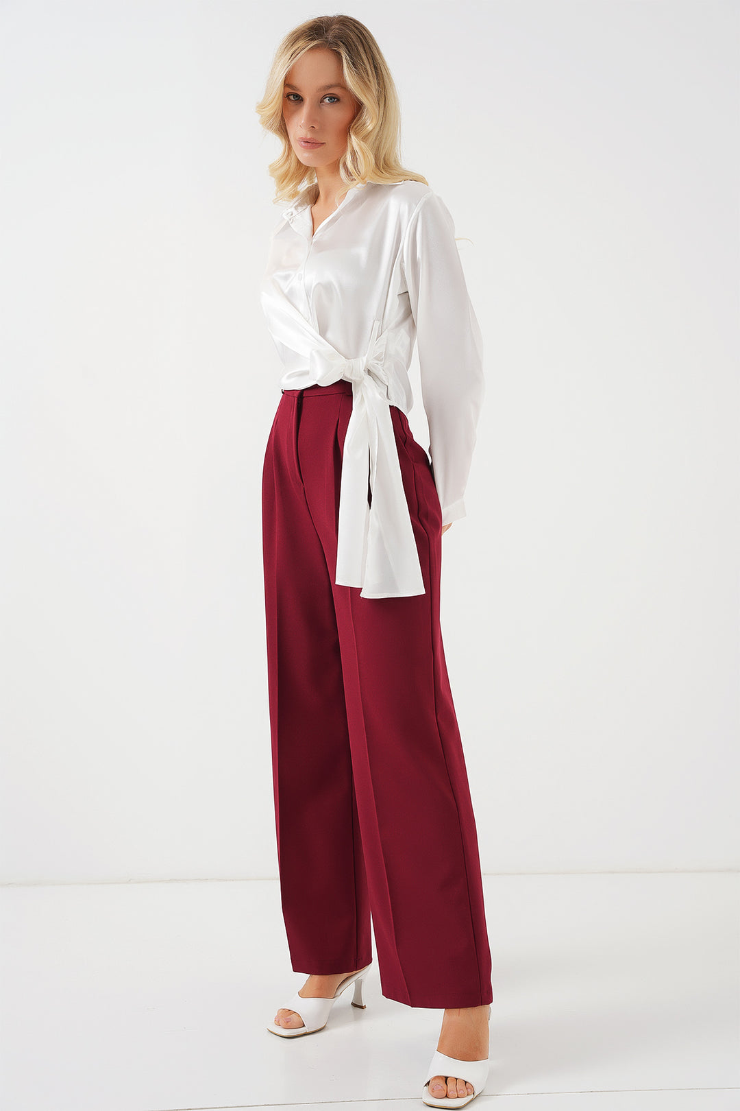 Bigdart Chemise en satin à manches longues à nouer pour femme 20287 - Blanc