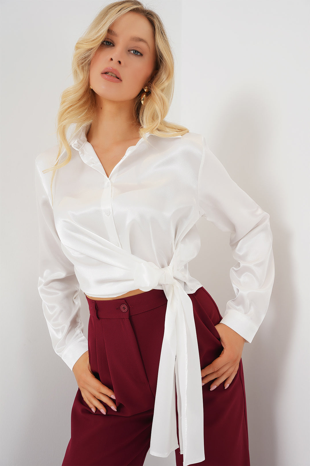 Bigdart Chemise en satin à manches longues à nouer pour femme 20287 - Blanc