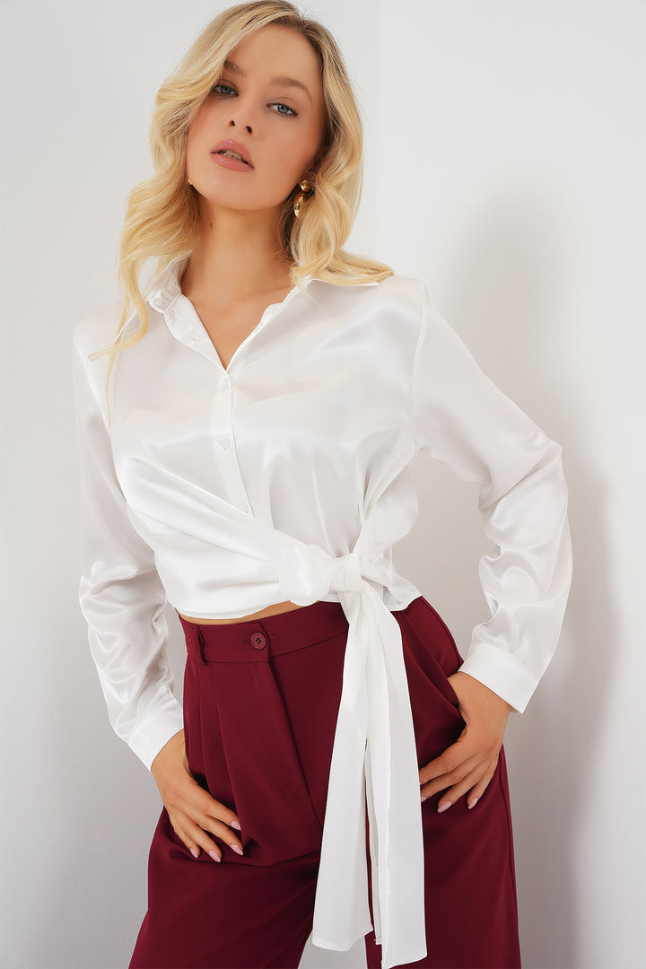 Bigdart Chemise en satin à manches longues à nouer pour femme 20287 - Blanc