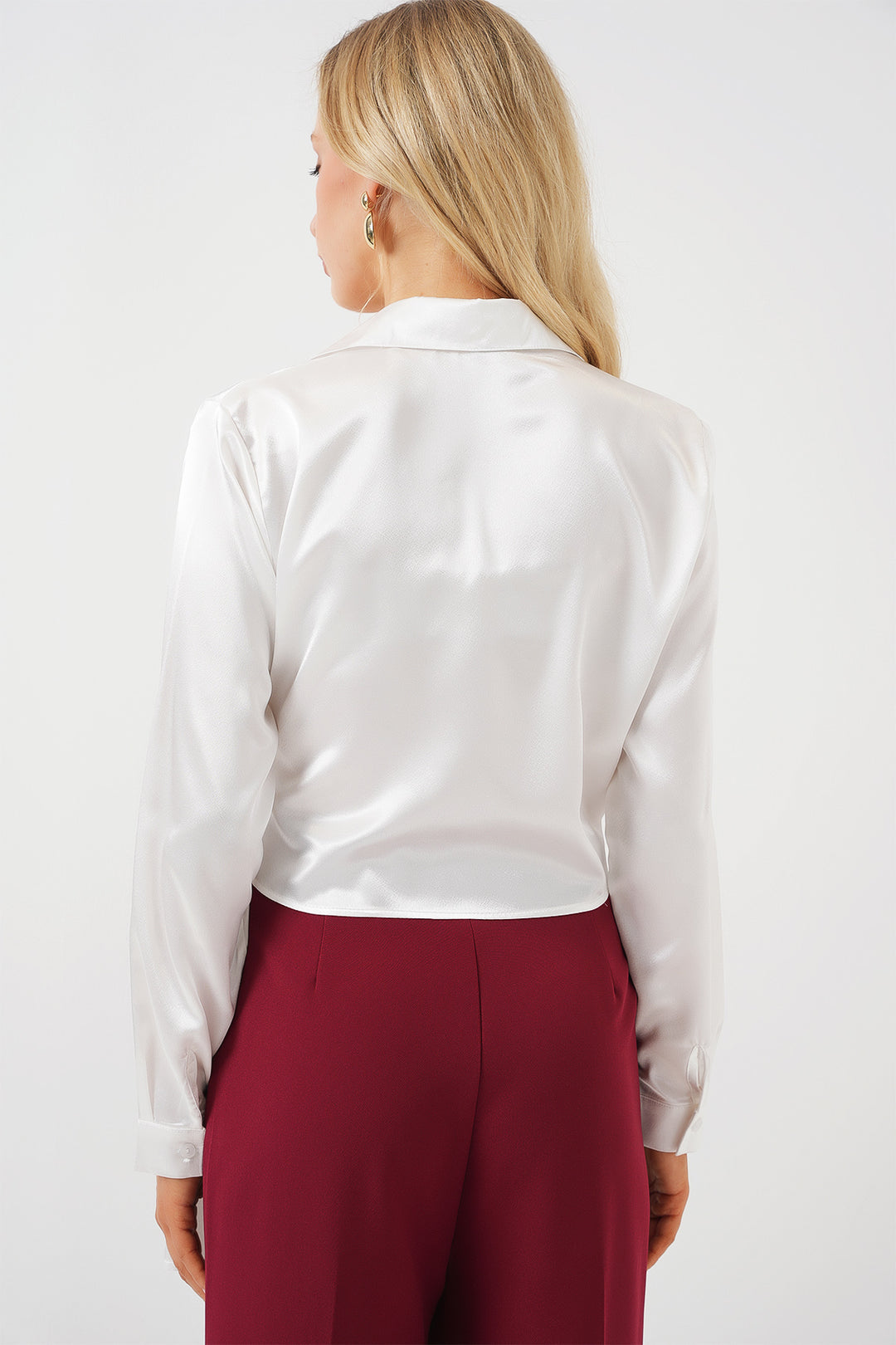 Bigdart Chemise en satin à manches longues à nouer pour femme 20287 - Blanc