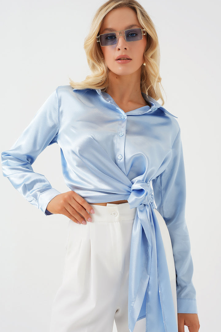 Bigdart Chemise en satin à manches longues à nouer pour femme 20287 - Bleu