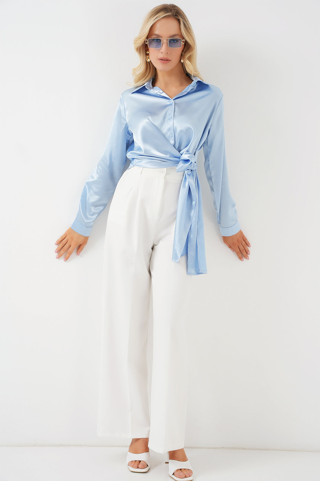 Bigdart Chemise en satin à manches longues à nouer pour femme 20287 - Bleu
