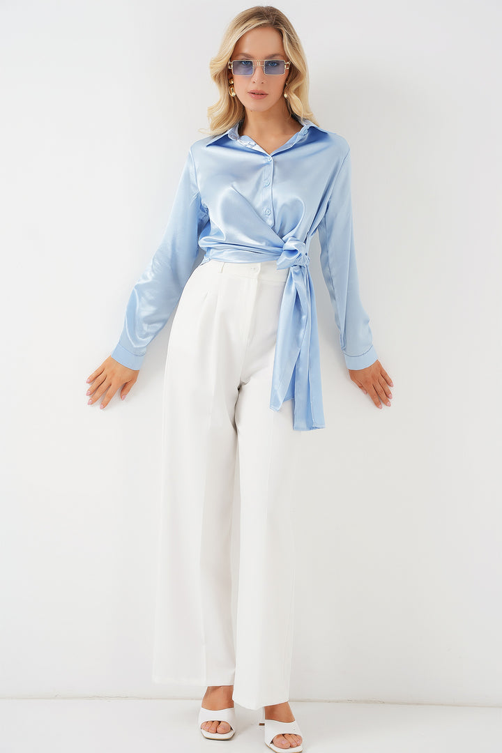 Bigdart Chemise en satin à manches longues à nouer pour femme 20287 - Bleu