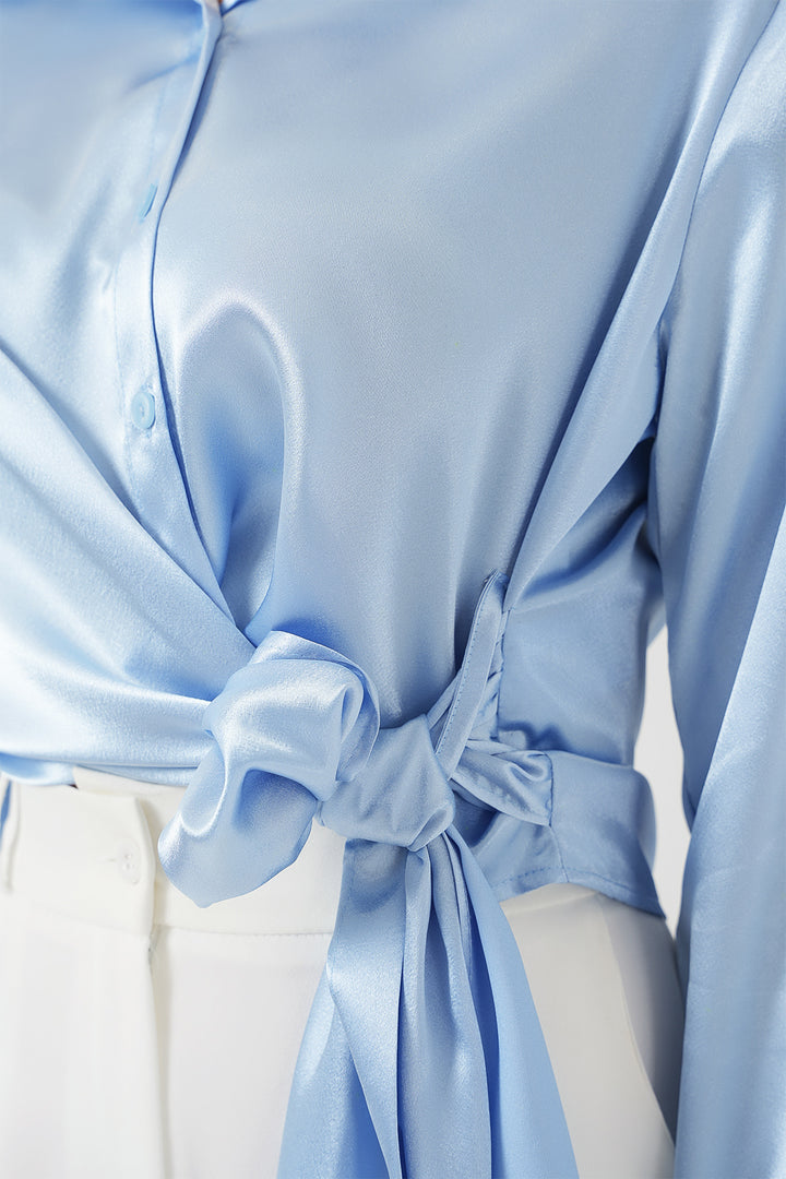 Bigdart Chemise en satin à manches longues à nouer pour femme 20287 - Bleu