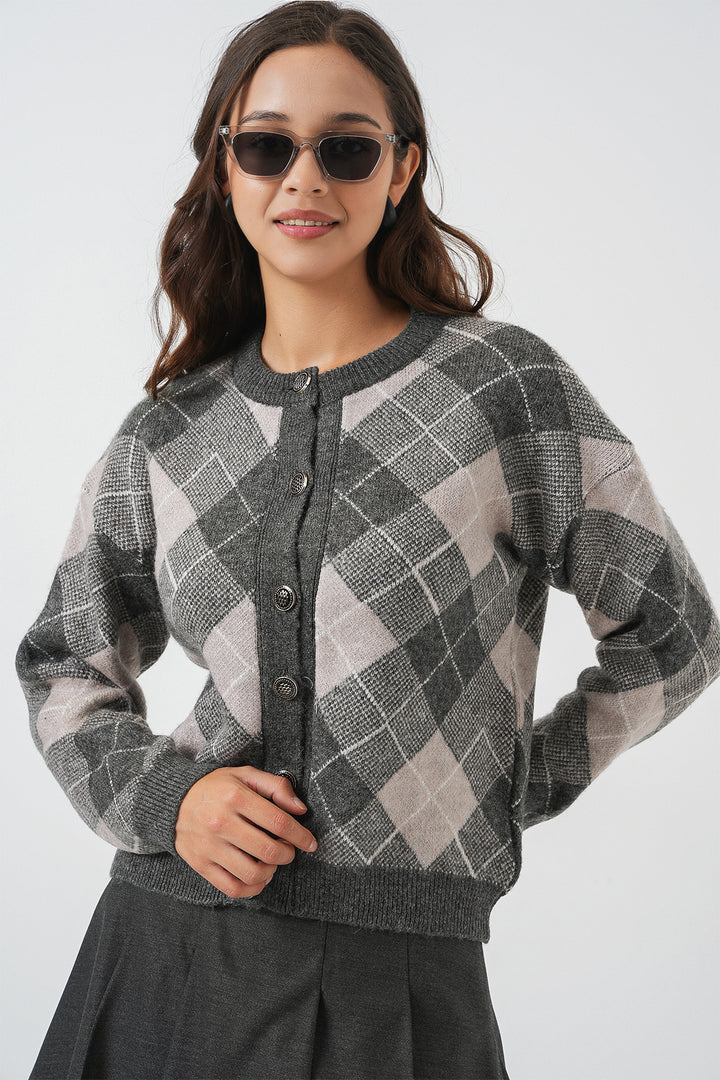 Bigdart Gilet en tricot à boutons à motifs pour femme 15927 - Anthracite