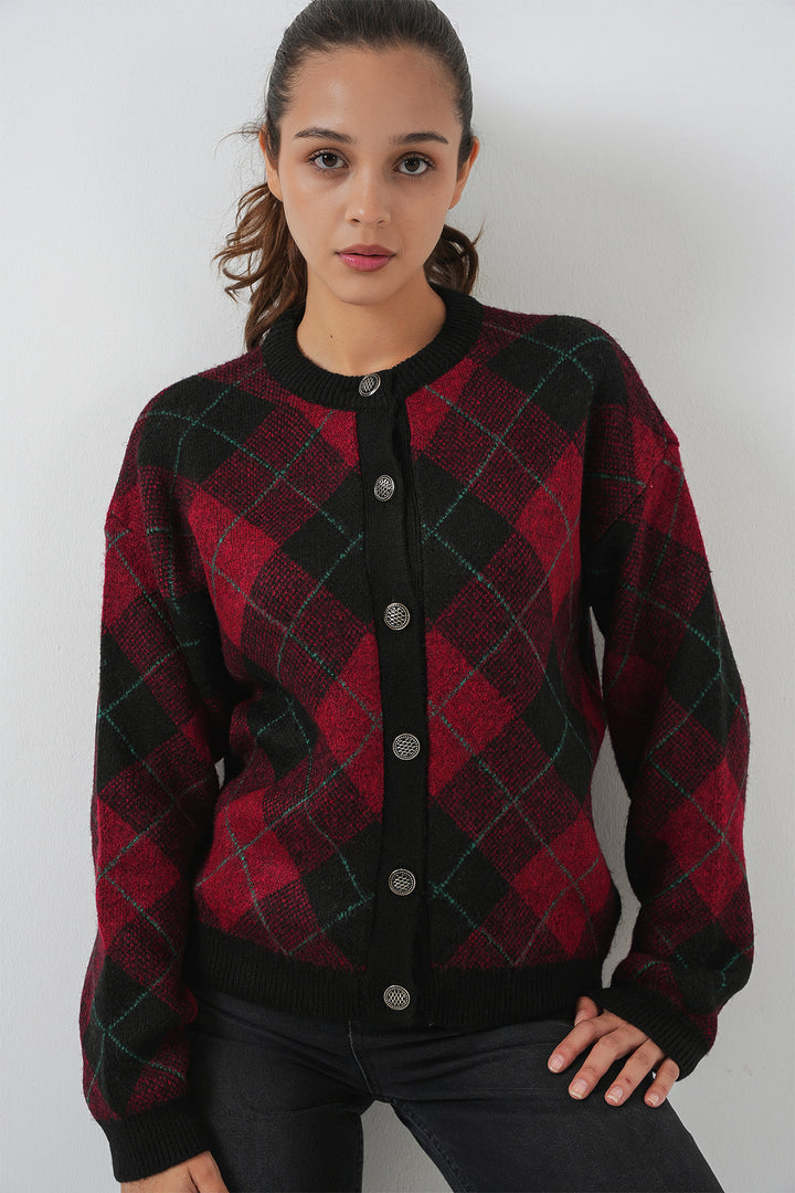 Bigdart Gilet en tricot à boutons à motifs pour femme 15927 - Bordeaux