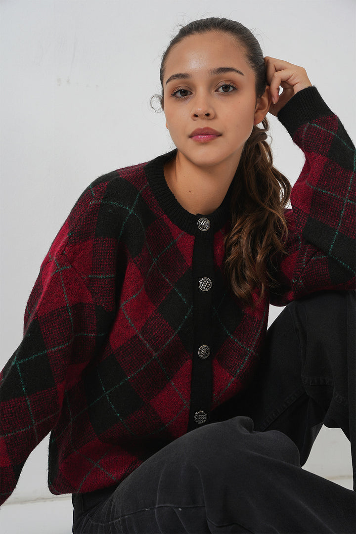 Bigdart Gilet en tricot à boutons à motifs pour femme 15927 - Bordeaux