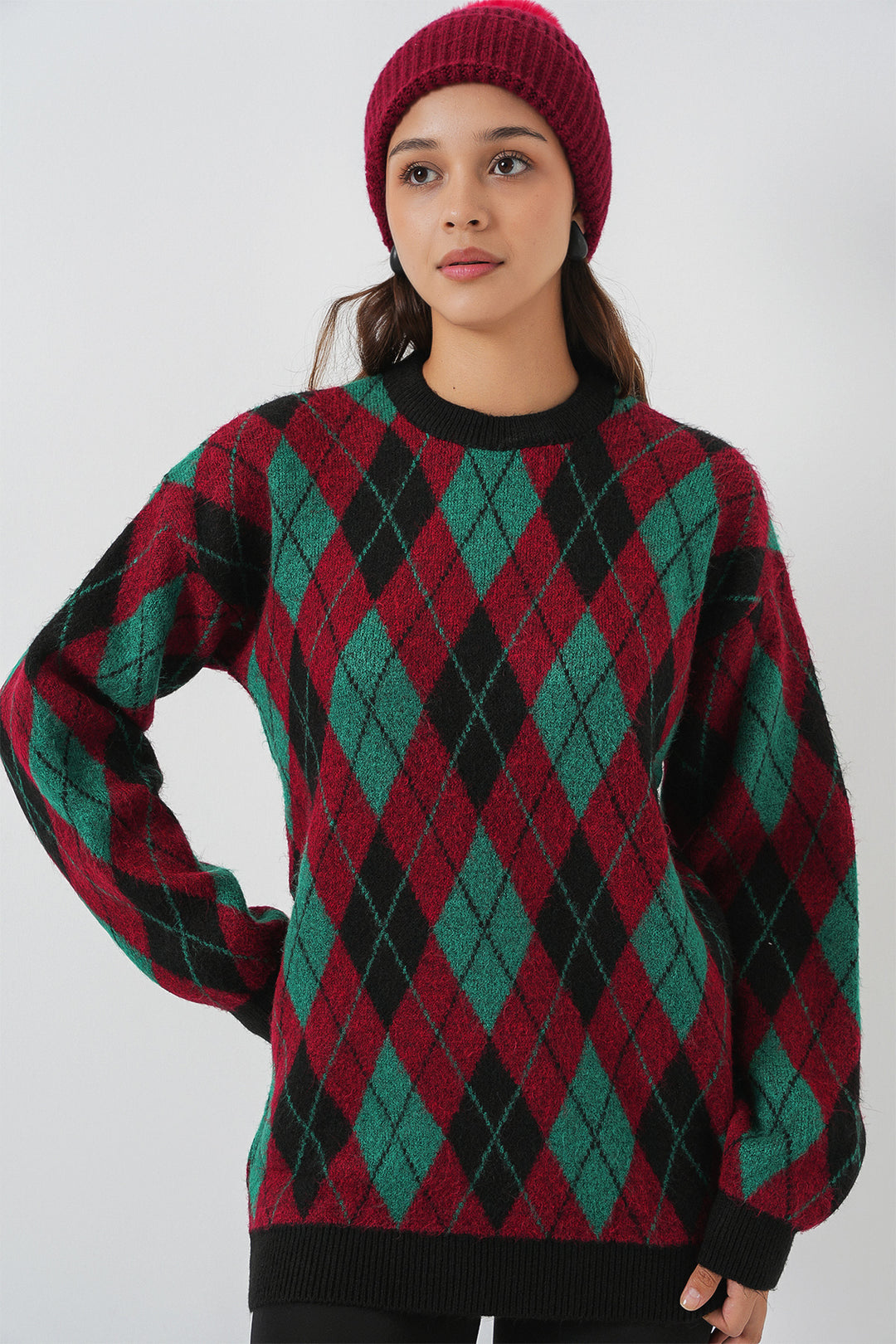 Bigdart Pull en tricot à motifs en damier pour femme 15929 - Bordeaux