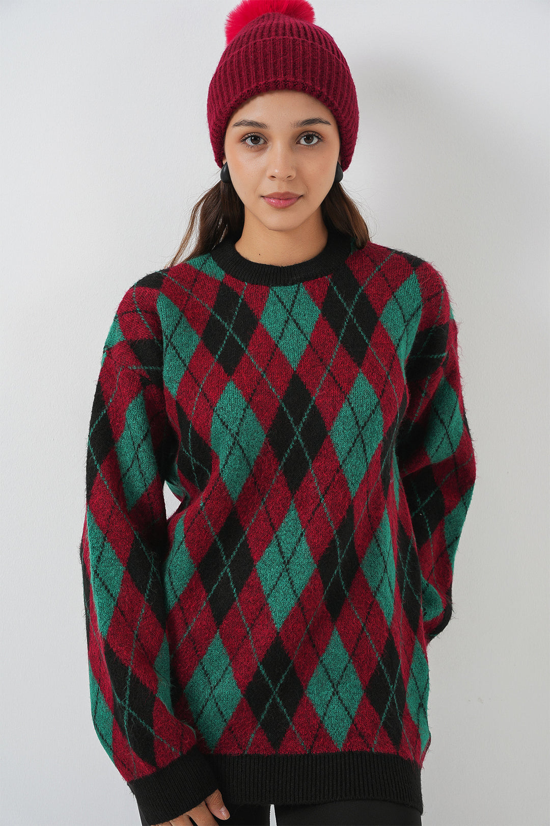 Bigdart Pull en tricot à motifs en damier pour femme 15929 - Bordeaux