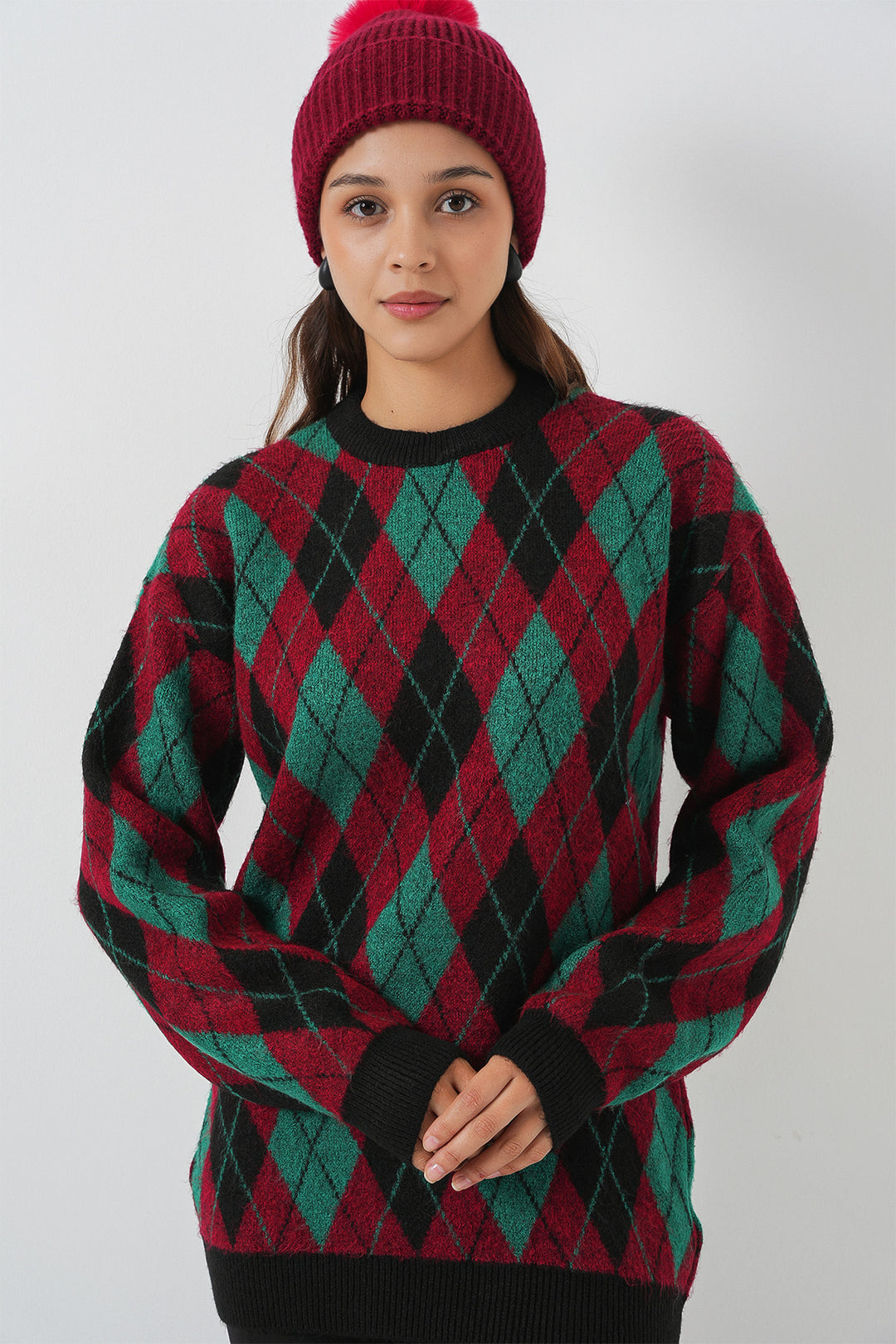 Bigdart Pull en tricot à motifs en damier pour femme 15929 - Bordeaux
