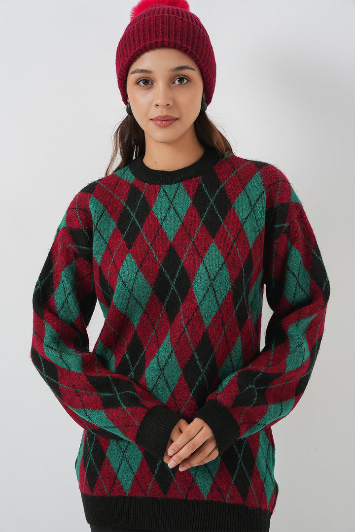 Bigdart Pull en tricot à motifs en damier pour femme 15929 - Bordeaux