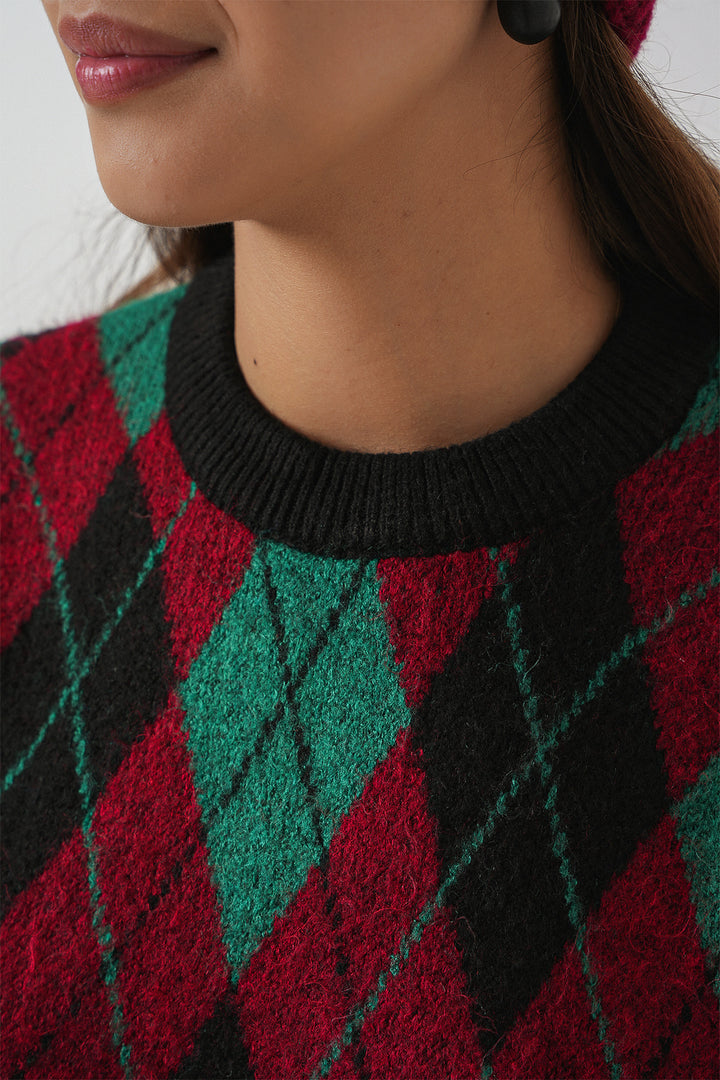 Bigdart Pull en tricot à motifs en damier pour femme 15929 - Bordeaux