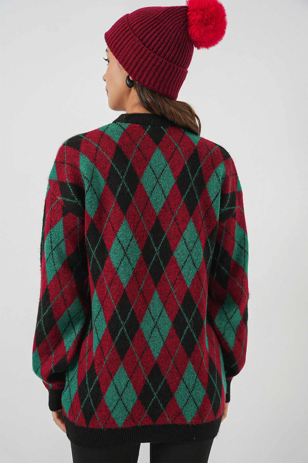 Bigdart Pull en tricot à motifs en damier pour femme 15929 - Bordeaux