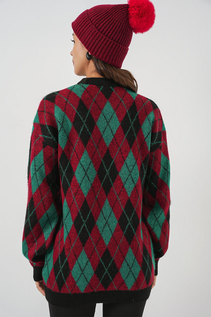 Bigdart Pull en tricot à motifs en damier pour femme 15929 - Bordeaux
