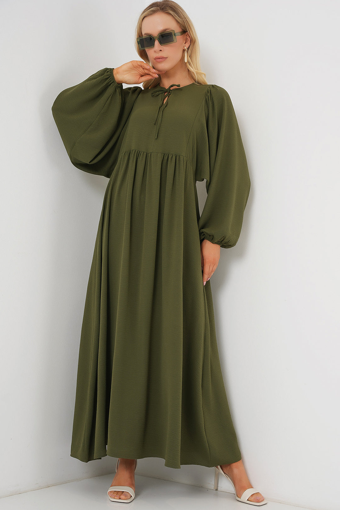 Bigdart Femme Robe Modeste Longue à Manches Bouffantes 2464 - Kaki